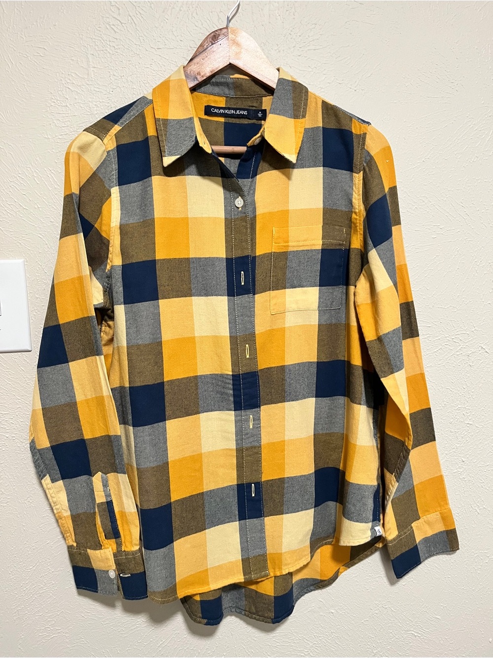 Calvin Klein Jeans Yellow, Navy & Gray Plaid Button-Down Shirt